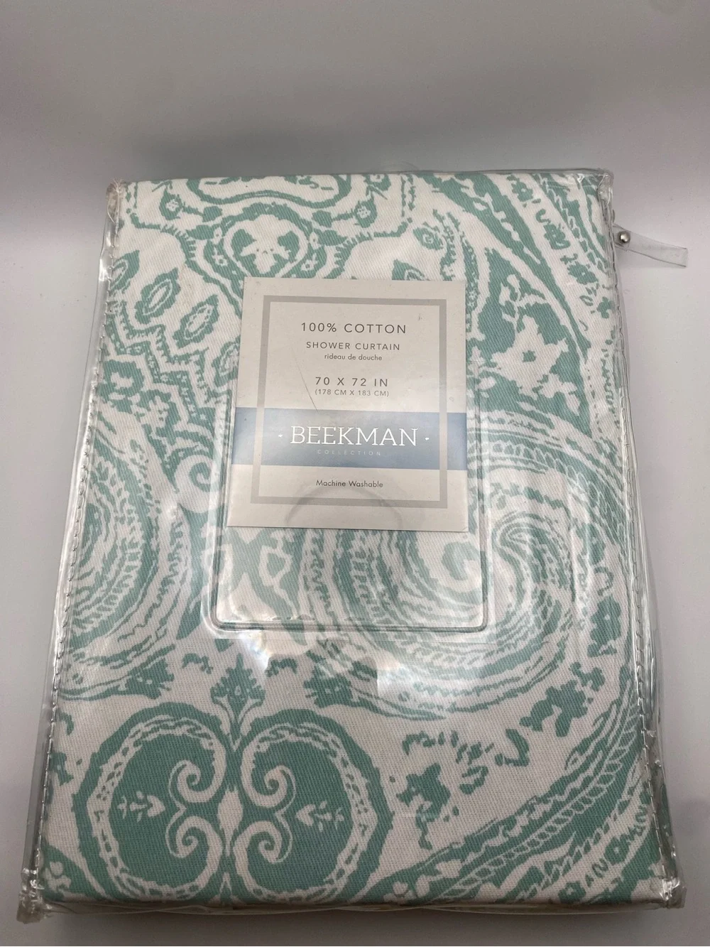 BEEKMAN Shower Curtain 100% Cotton 70x72 Seafoam Green/White Ikat Floral